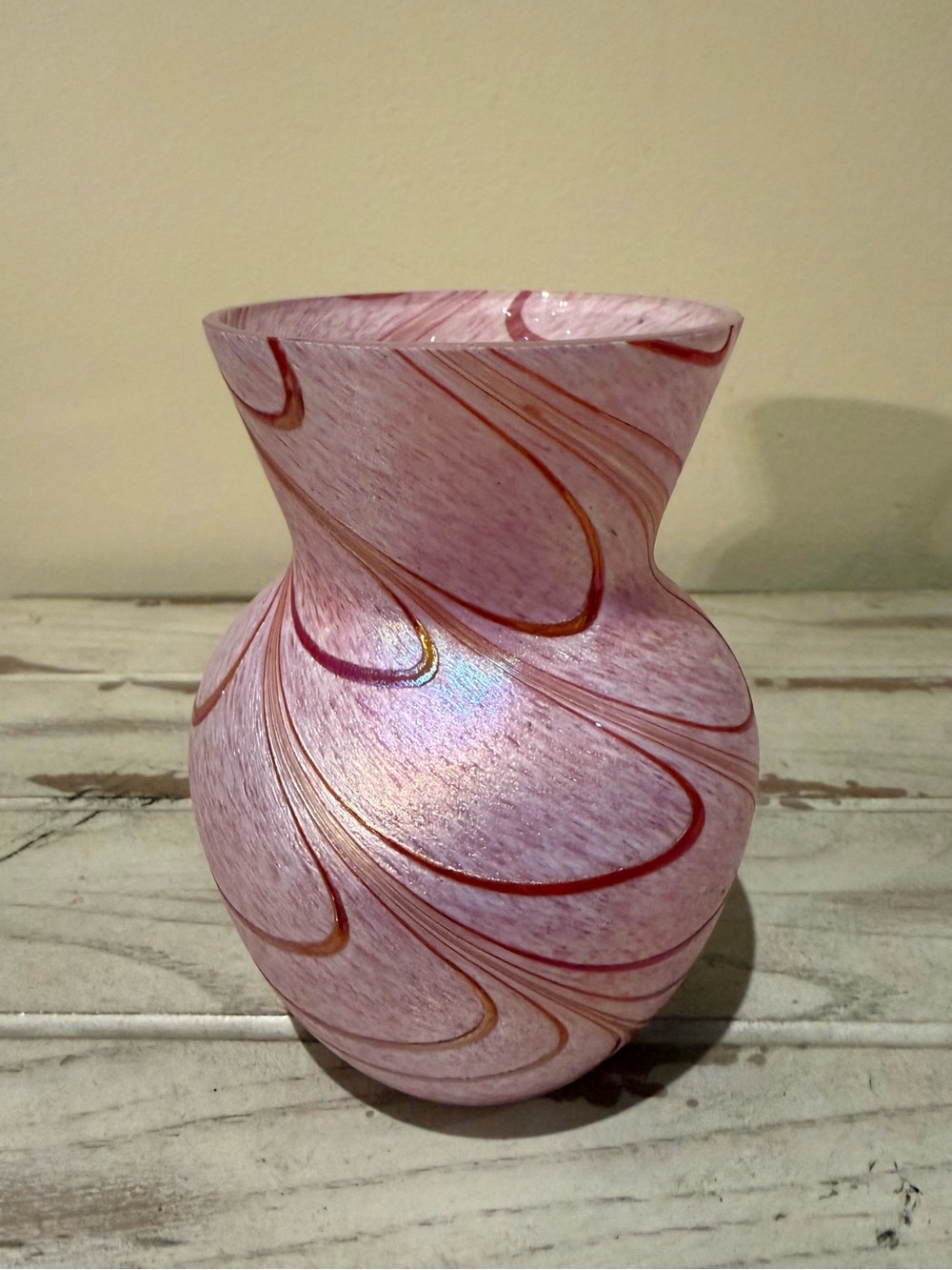 Vintage Art Glass Swirl Vase Pink White Iridescent Art Deco Studio Glass